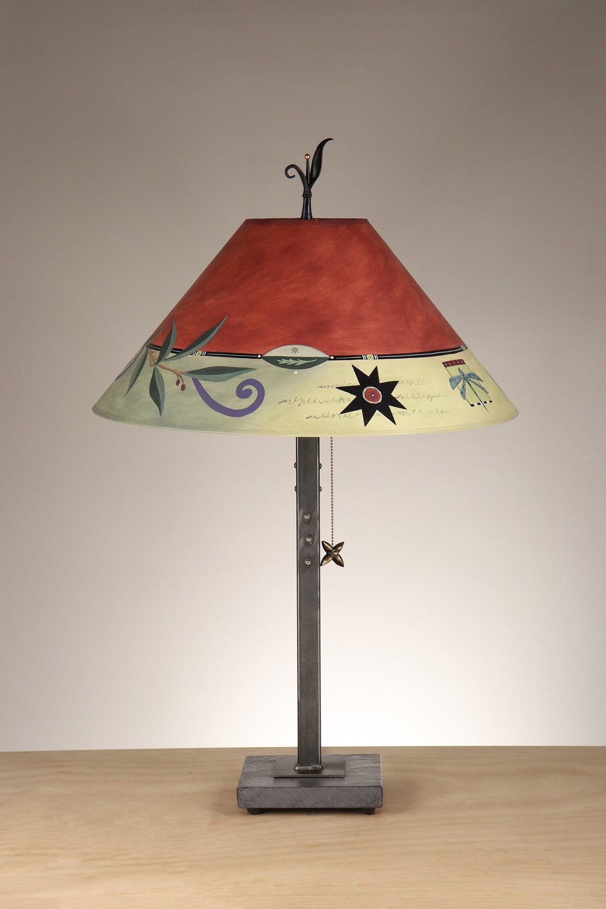 Janna Ugone &amp; Co Table Lamp Copper Table Lamp with Large Conical Shade in Capri Border in Redwood