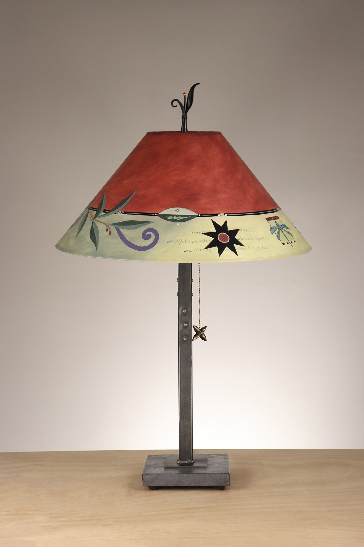 Janna Ugone & Co Table Lamp Copper Table Lamp with Large Conical Shade in Capri Border in Redwood