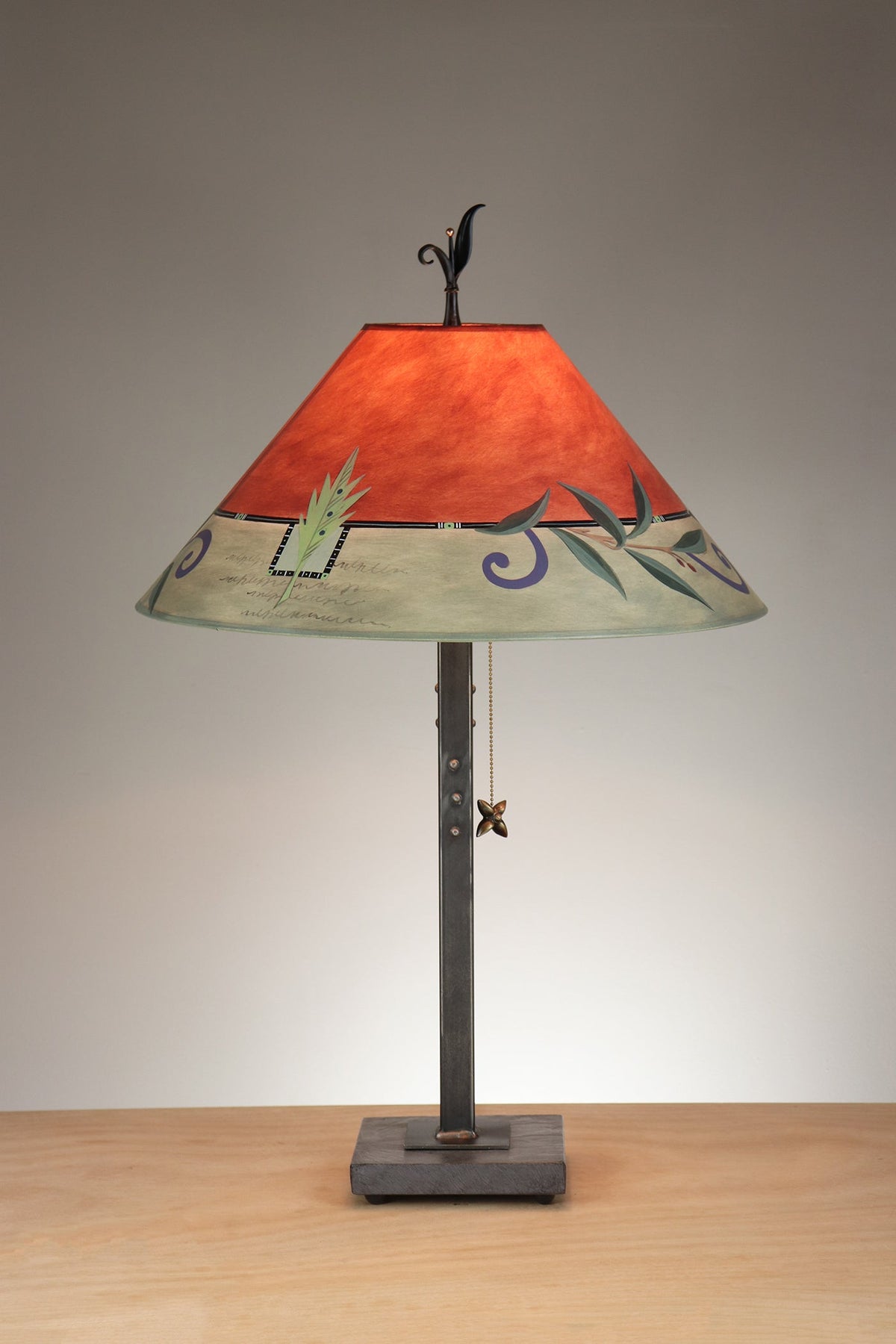 Janna Ugone &amp; Co Table Lamp Copper Table Lamp with Large Conical Shade in Capri Border in Redwood