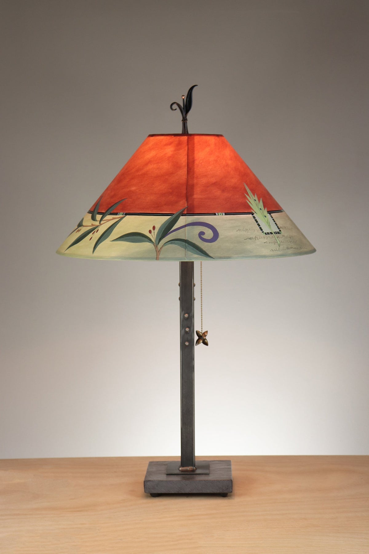 Janna Ugone &amp; Co Table Lamp Copper Table Lamp with Large Conical Shade in Capri Border in Redwood