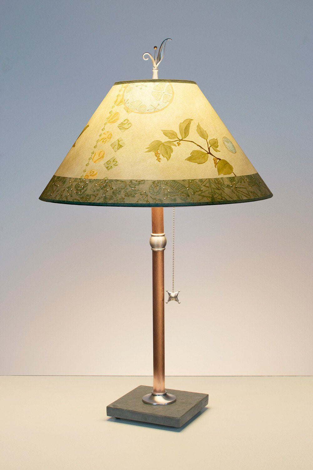 Celestial Leaf large conical copper table lamp lit