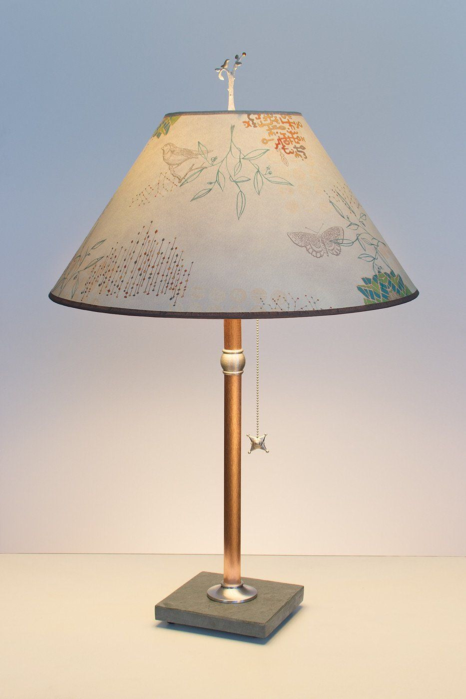 Copper Table Lamp on Vermont Slate with Large Conical Shade in Ecru Journey