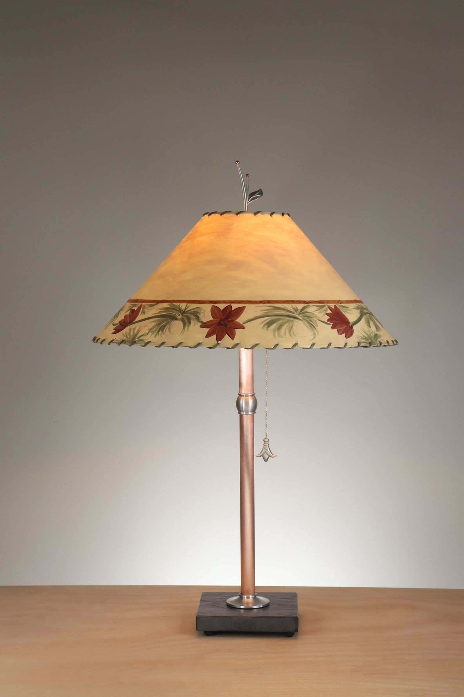 Janna Ugone & Co Table Lamp Copper Table Lamp with Large Conical Shade in French Vine in Amber and Olive