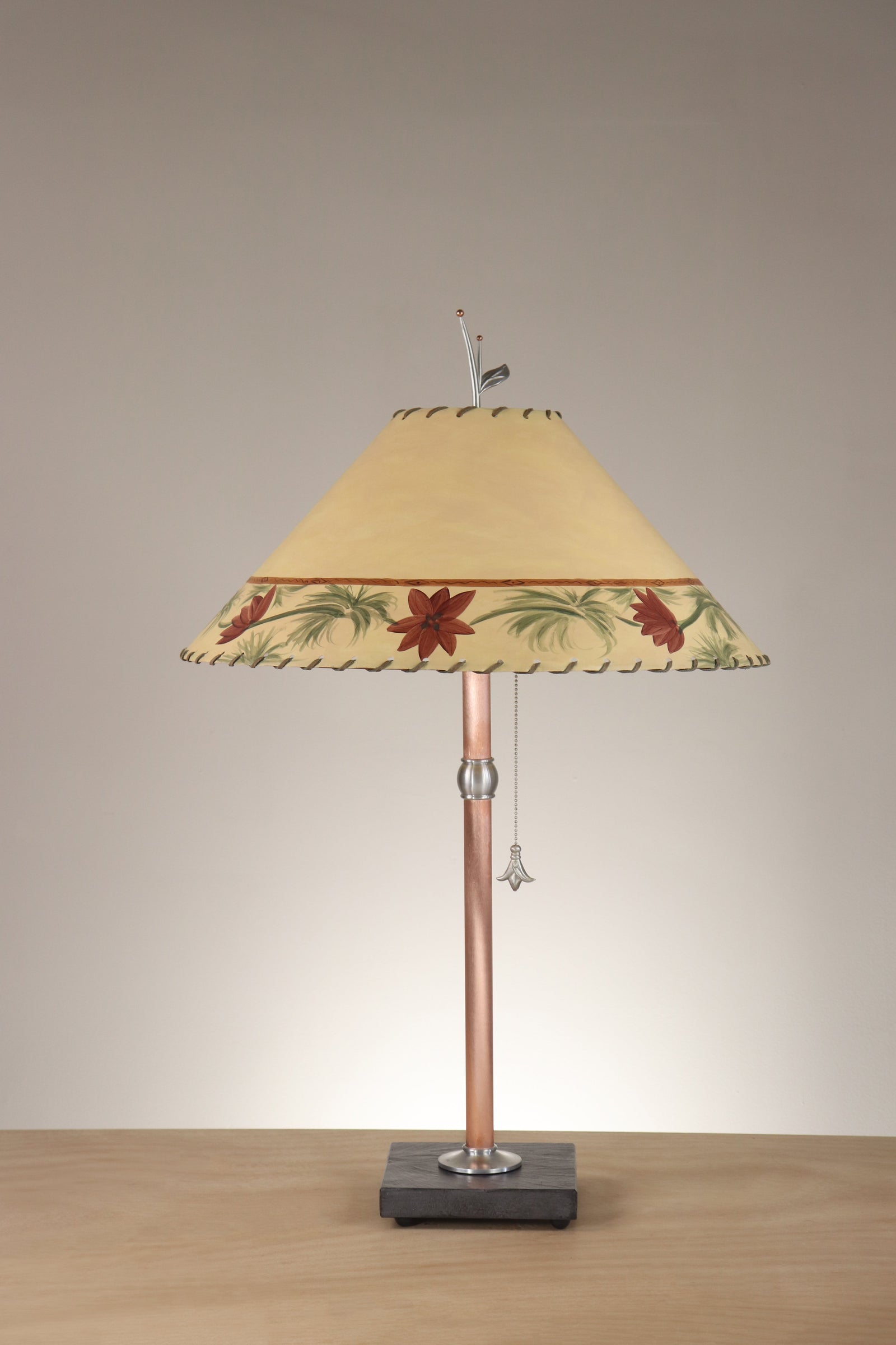 Janna Ugone & Co Table Lamp Copper Table Lamp with Large Conical Shade in French Vine in Amber and Olive