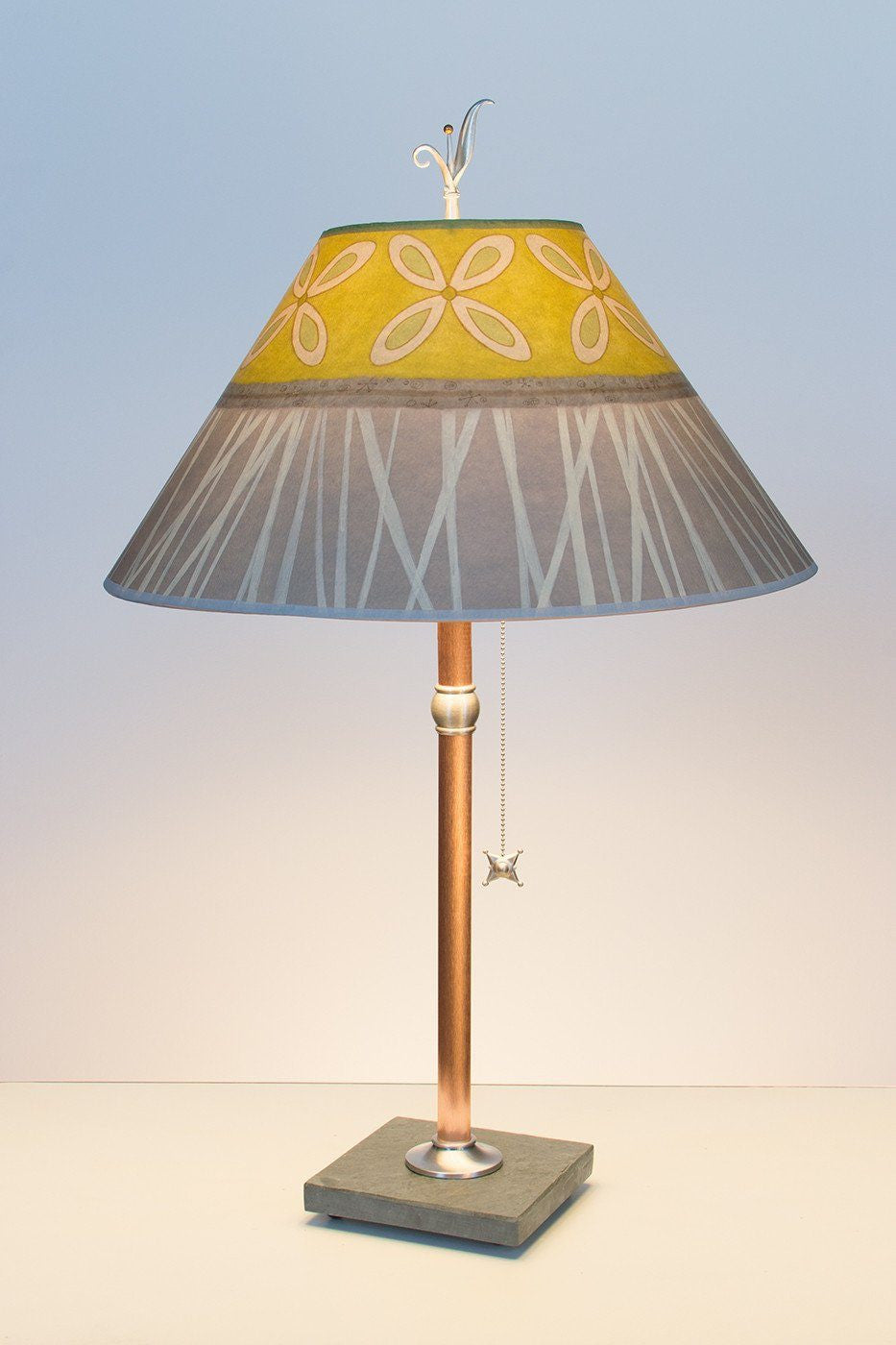 Copper Table Lamp on Vermont Slate with Large Conical Shade in Kiwi