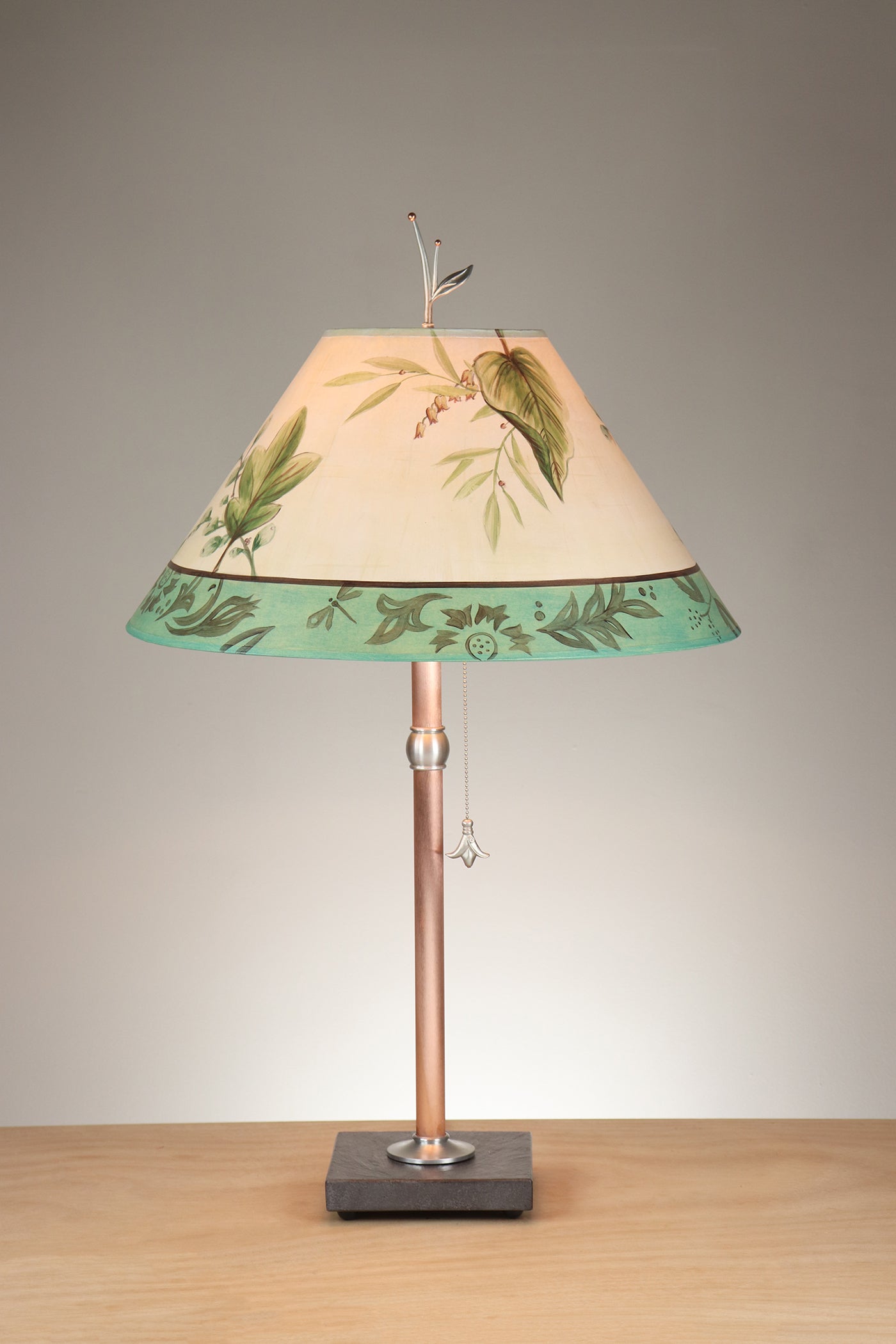 Janna Ugone & Co Table Lamp Copper Table Lamp with Large Conical Shade in Leaf Portrait in Ivory Aqua