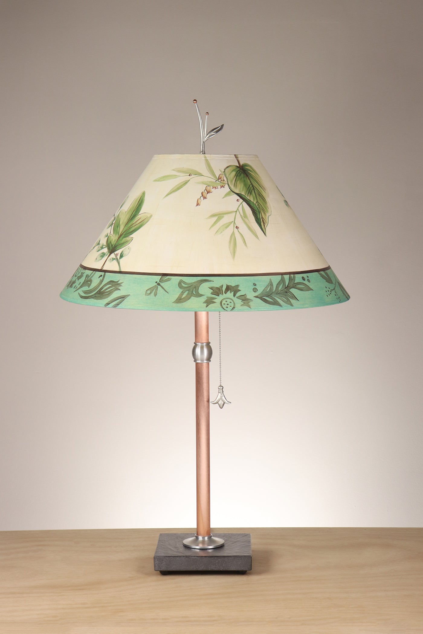 Janna Ugone & Co Table Lamp Copper Table Lamp with Large Conical Shade in Leaf Portrait in Ivory Aqua