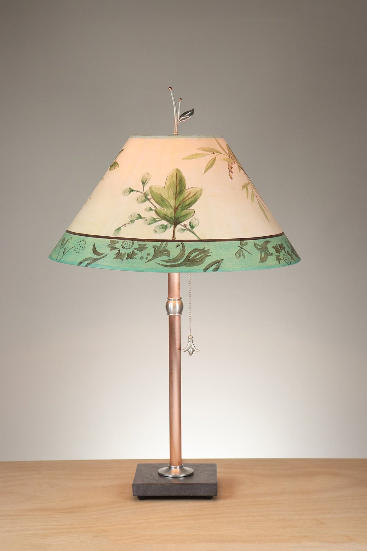 Janna Ugone &amp; Co Table Lamp Copper Table Lamp with Large Conical Shade in Leaf Portrait in Ivory Aqua