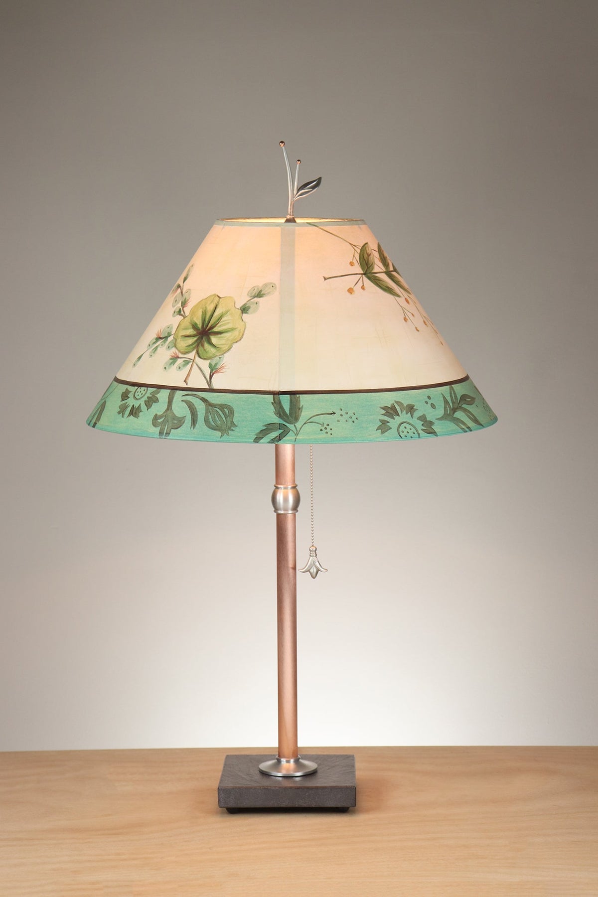 Janna Ugone &amp; Co Table Lamp Copper Table Lamp with Large Conical Shade in Leaf Portrait in Ivory Aqua