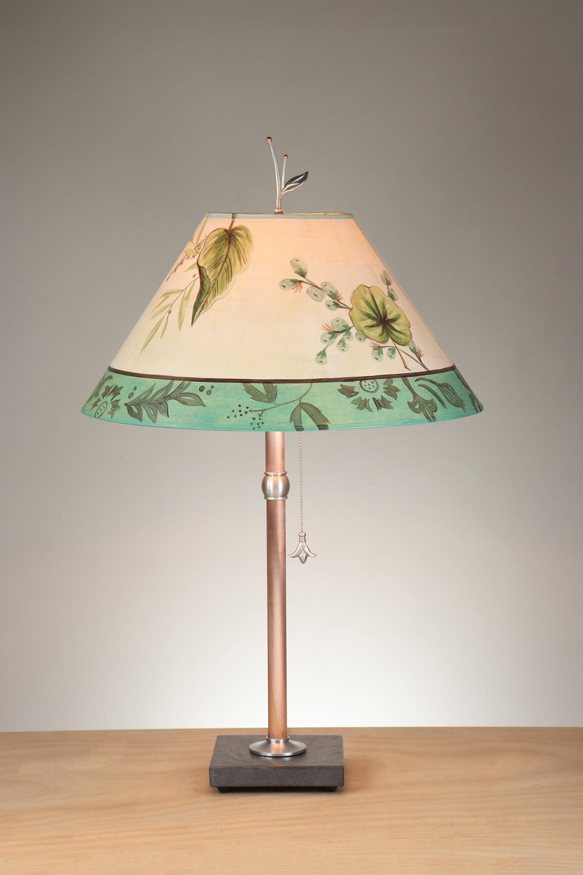 Janna Ugone &amp; Co Table Lamp Copper Table Lamp with Large Conical Shade in Leaf Portrait in Ivory Aqua