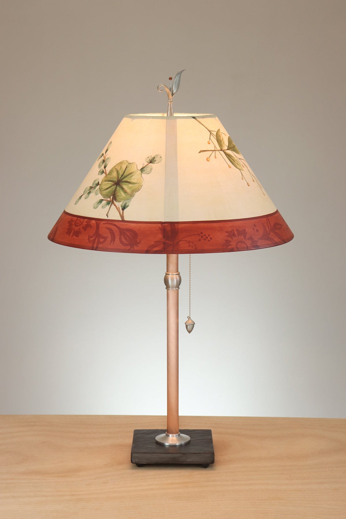 Janna Ugone &amp; Co Table Lamp Copper Table Lamp with Large Conical Shade in Leaf Portrait Ivory Redwood