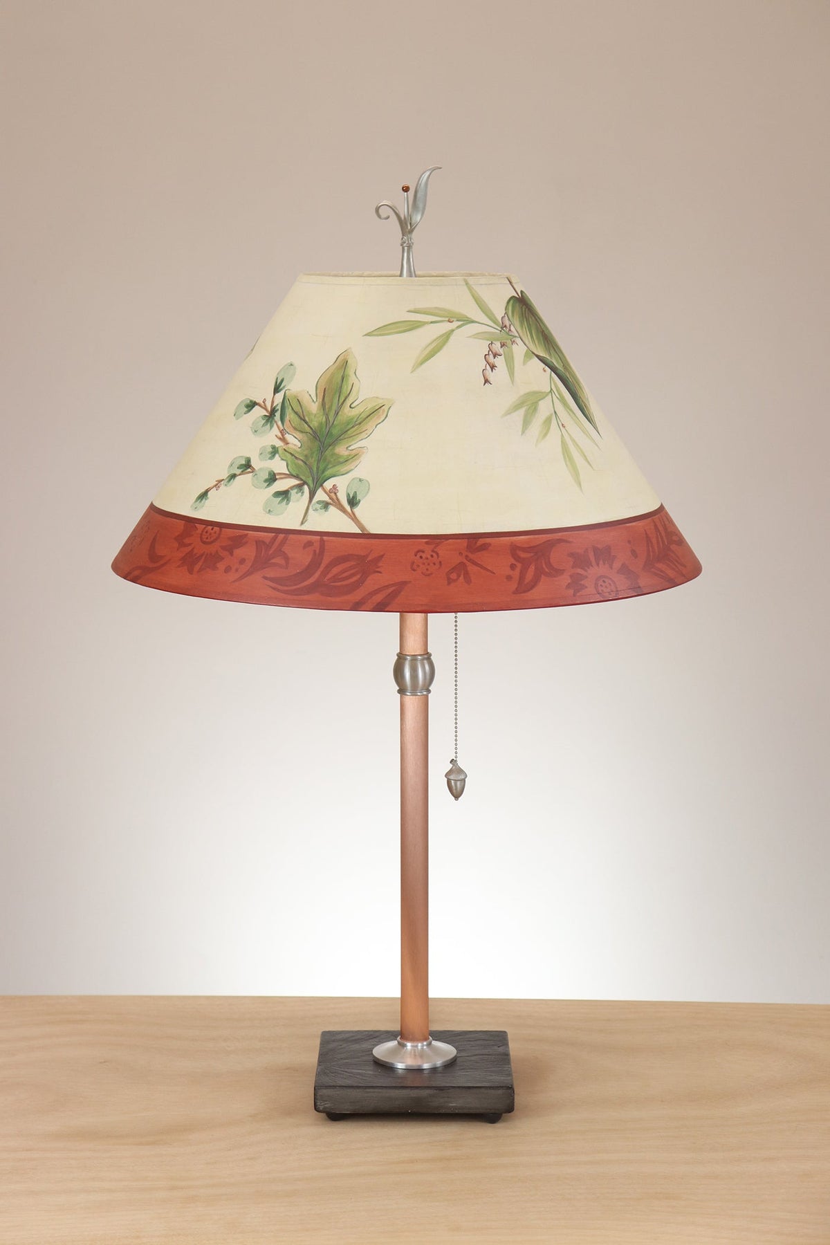 Janna Ugone &amp; Co Table Lamp Copper Table Lamp with Large Conical Shade in Leaf Portrait Ivory Redwood