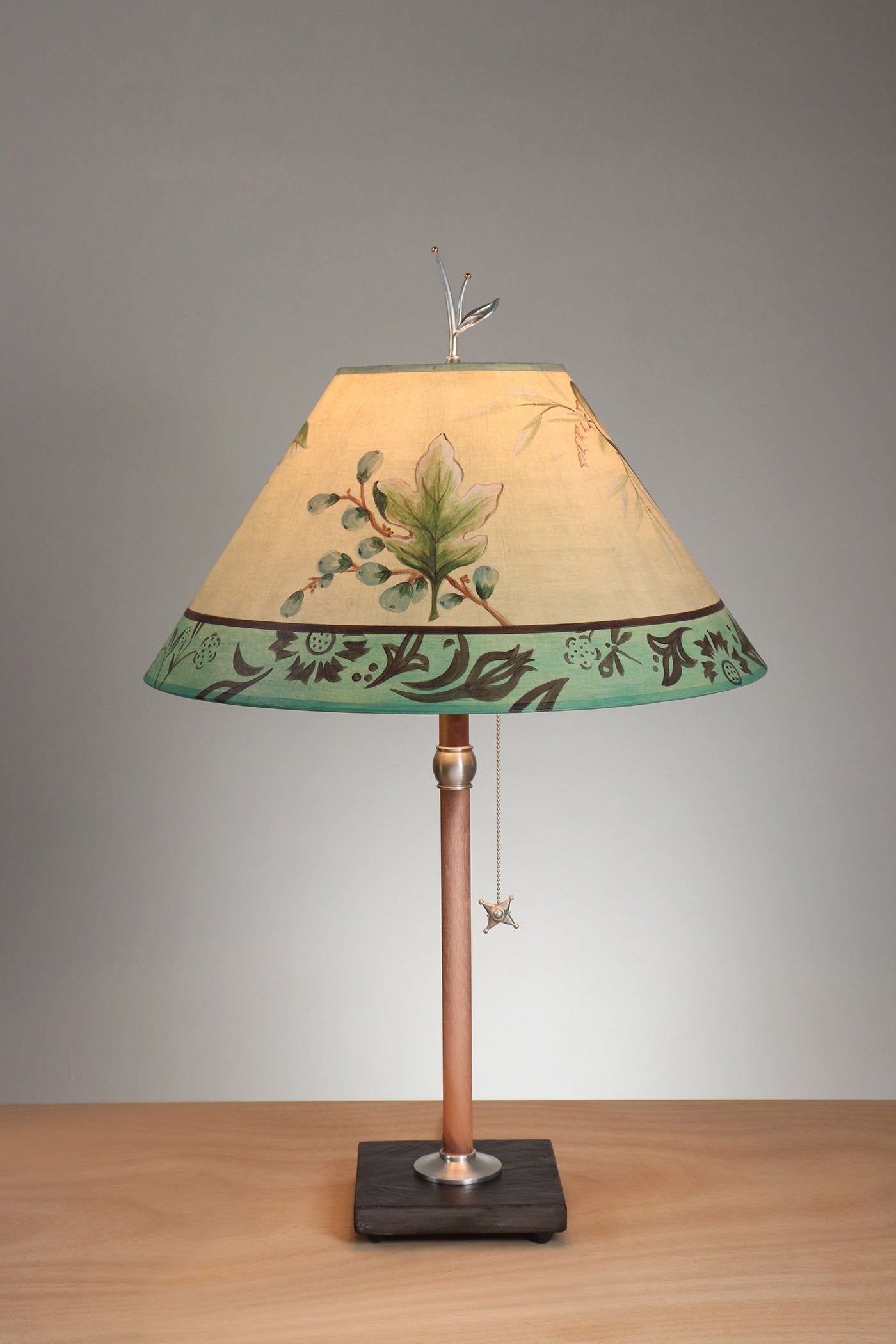 Janna Ugone & Co Table Lamp Copper Table Lamp with Large Conical Shade in Leaf Portraits in Moss & Aqua