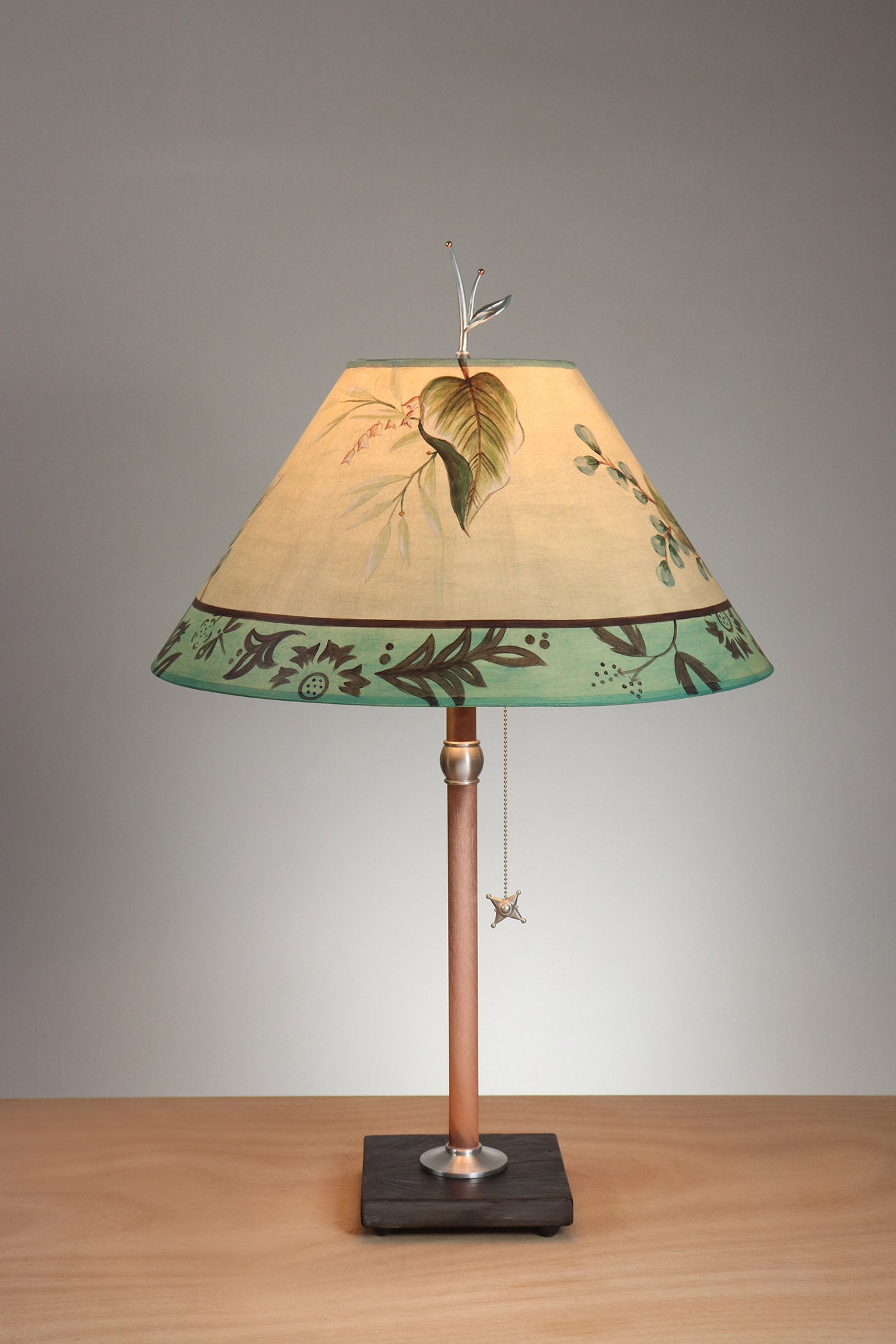Janna Ugone & Co Table Lamp Copper Table Lamp with Large Conical Shade in Leaf Portraits in Moss & Aqua