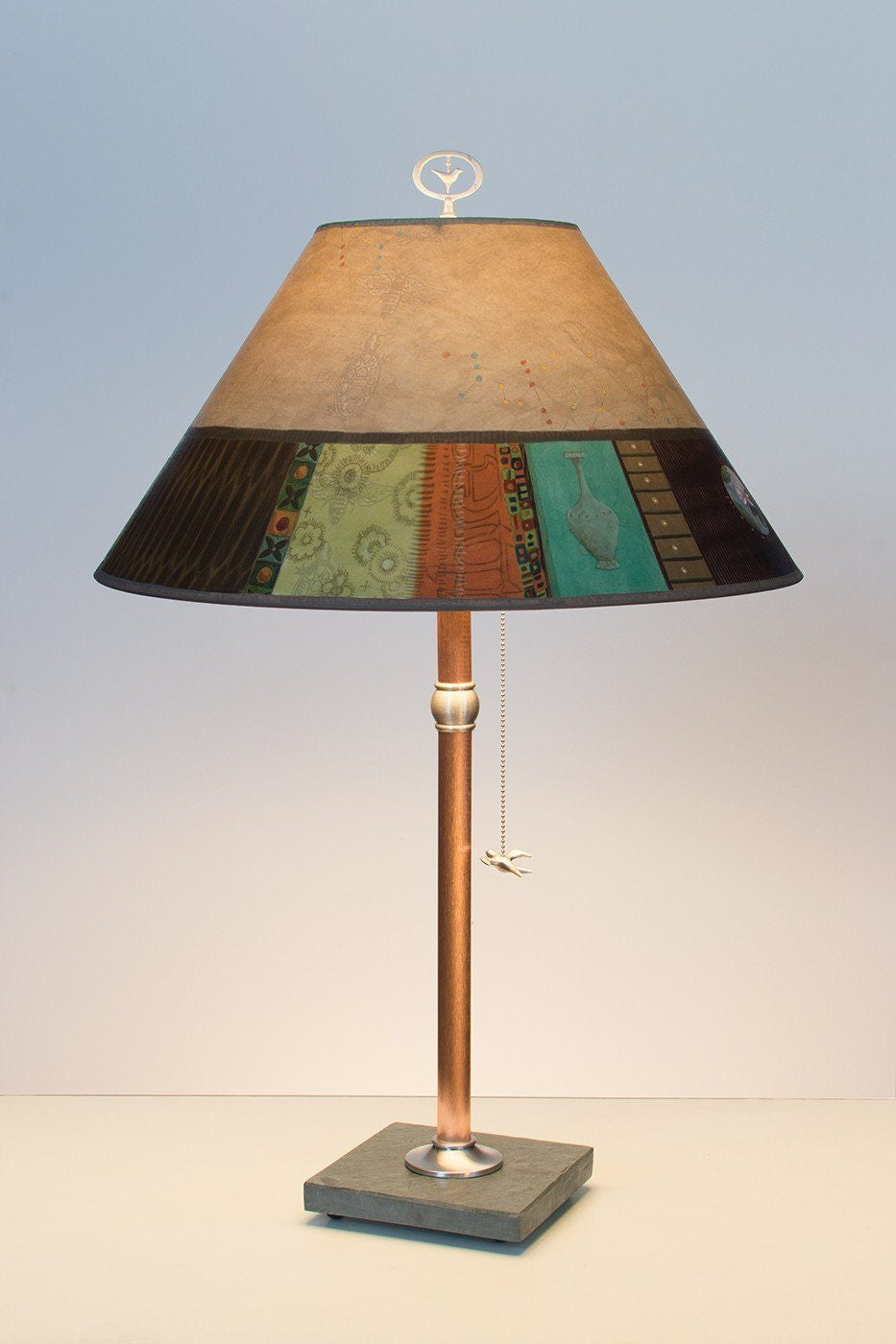 Copper Table Lamp on Vermont Slate with Large Conical Shade in Linen Match