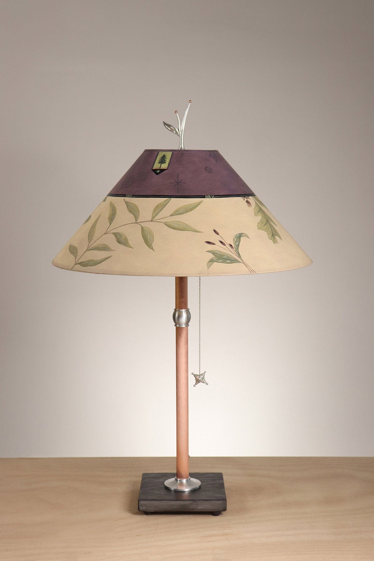 Janna Ugone &amp; Co Table Lamp Copper Table Lamp with Large Conical Shade in Mixed Leaves in Buff and Grape