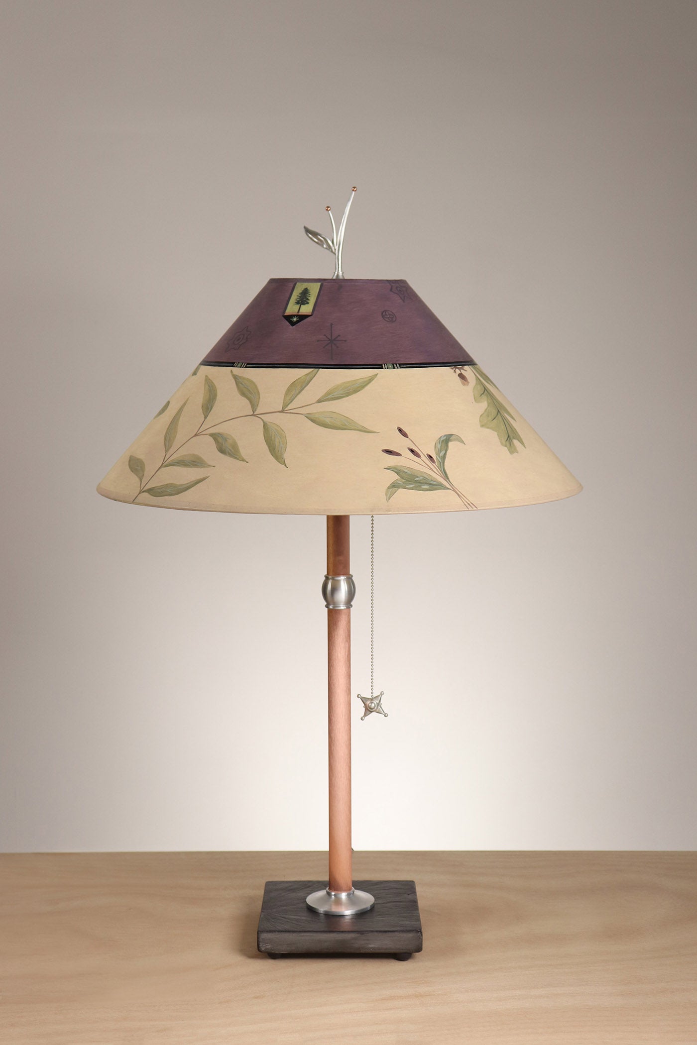 Janna Ugone & Co Table Lamp Copper Table Lamp with Large Conical Shade in Mixed Leaves in Buff and Grape