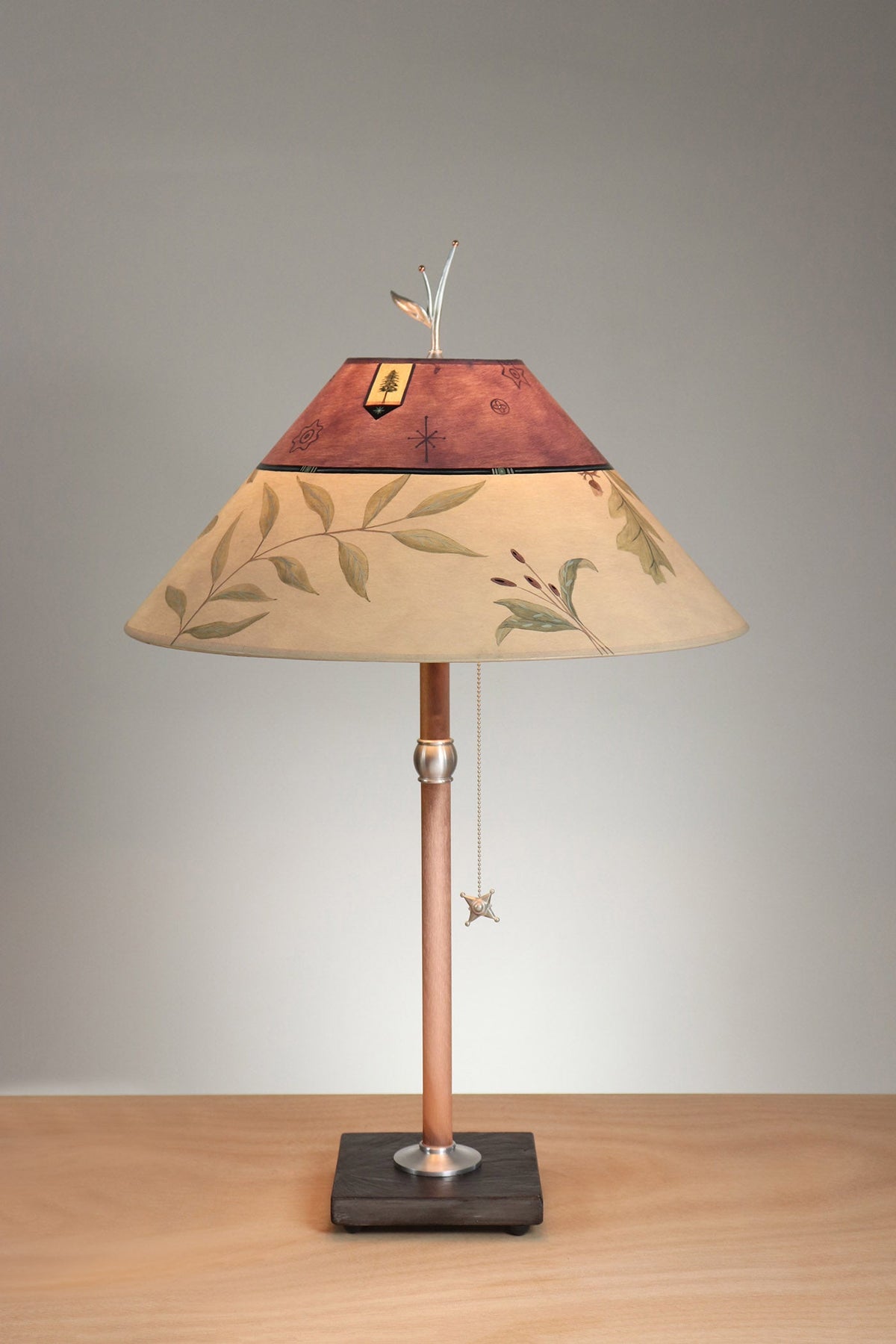 Janna Ugone &amp; Co Table Lamp Copper Table Lamp with Large Conical Shade in Mixed Leaves in Buff and Grape