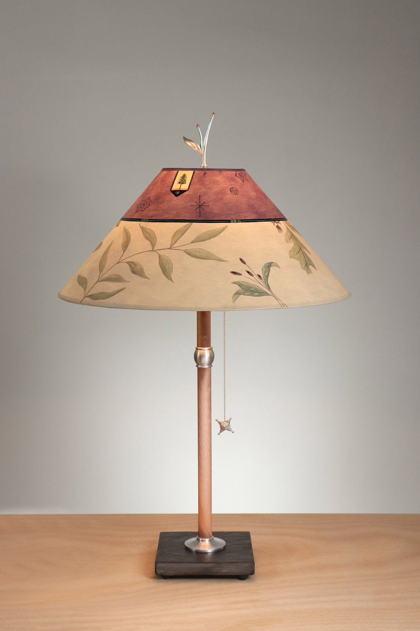 Janna Ugone & Co Table Lamp Copper Table Lamp with Large Conical Shade in Mixed Leaves in Buff and Grape