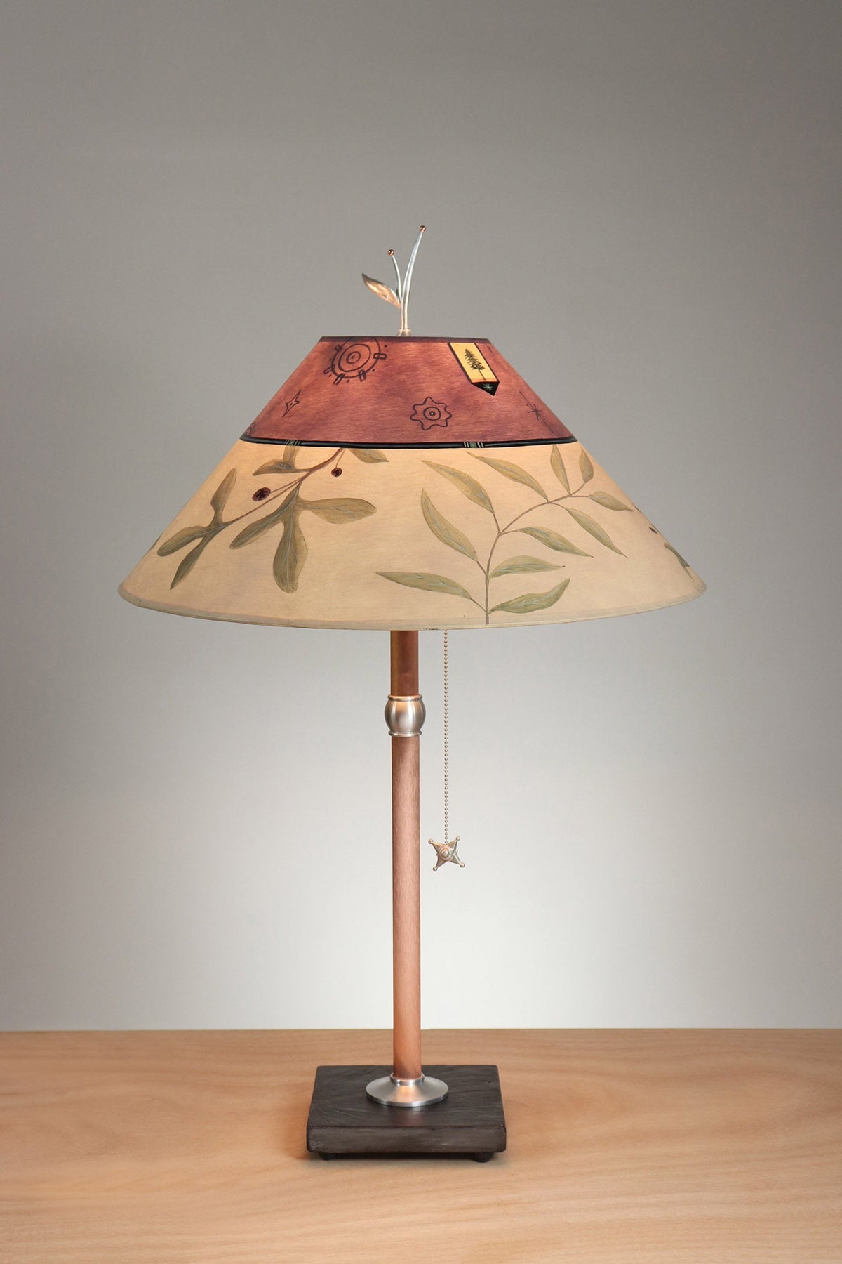 Janna Ugone &amp; Co Table Lamp Copper Table Lamp with Large Conical Shade in Mixed Leaves in Buff and Grape