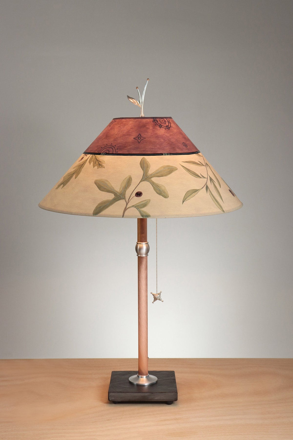 Janna Ugone &amp; Co Table Lamp Copper Table Lamp with Large Conical Shade in Mixed Leaves in Buff and Grape