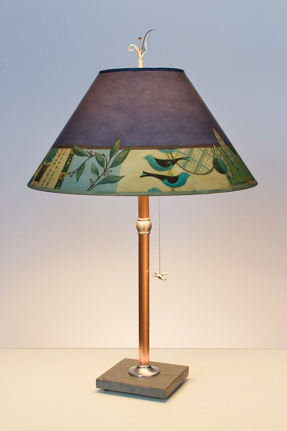 Copper Table Lamp on Vermont Slate with Large Conical Shade in New Capri Periwinkle
