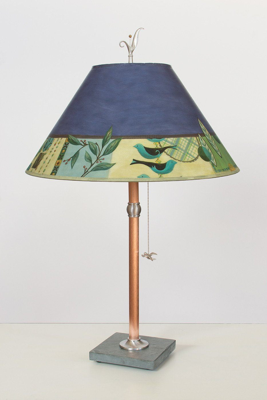Copper Table Lamp on Vermont Slate with Large Conical Shade in New Capri Periwinkle