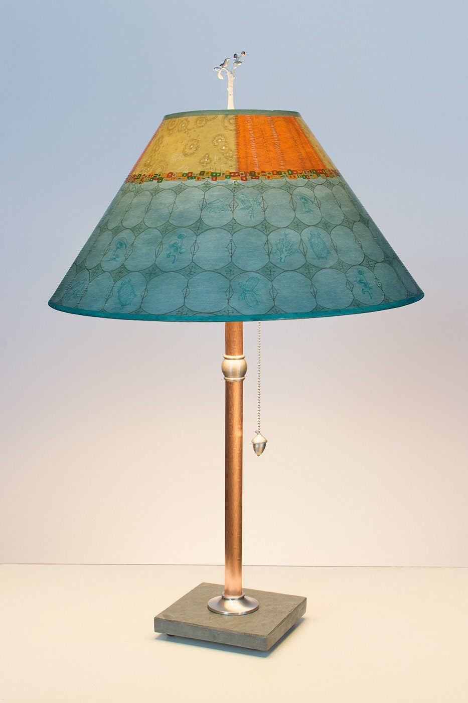 Copper Table Lamp on Vermont Slate with Large Conical Shade in Paradise Pool