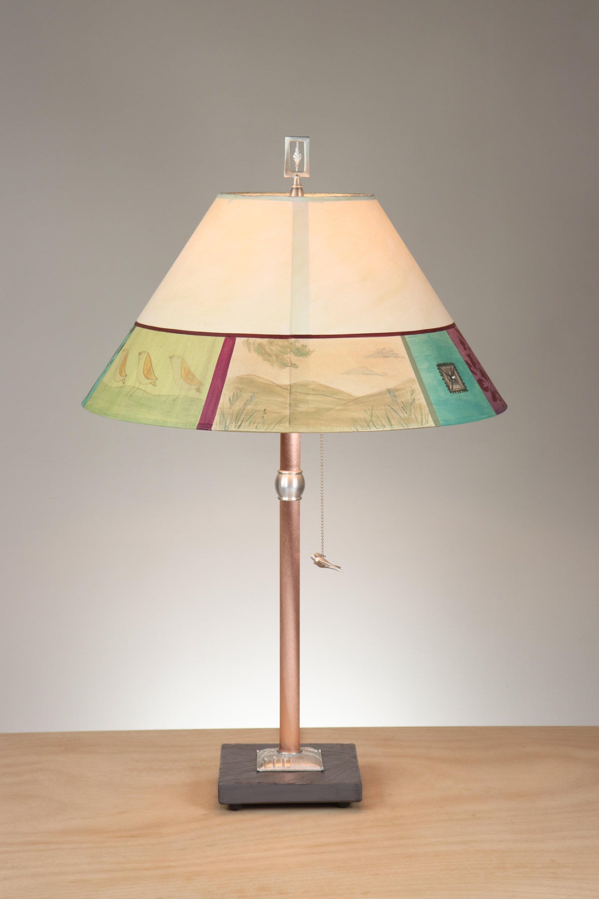 Janna Ugone &amp; Co Table Lamp Copper Table Lamp with Large Conical Shade in Prima Border in Ivory