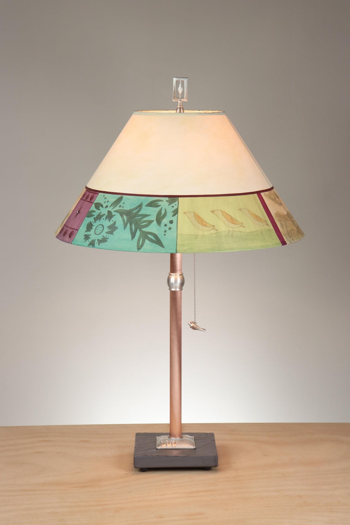 Janna Ugone &amp; Co Table Lamp Copper Table Lamp with Large Conical Shade in Prima Border in Ivory