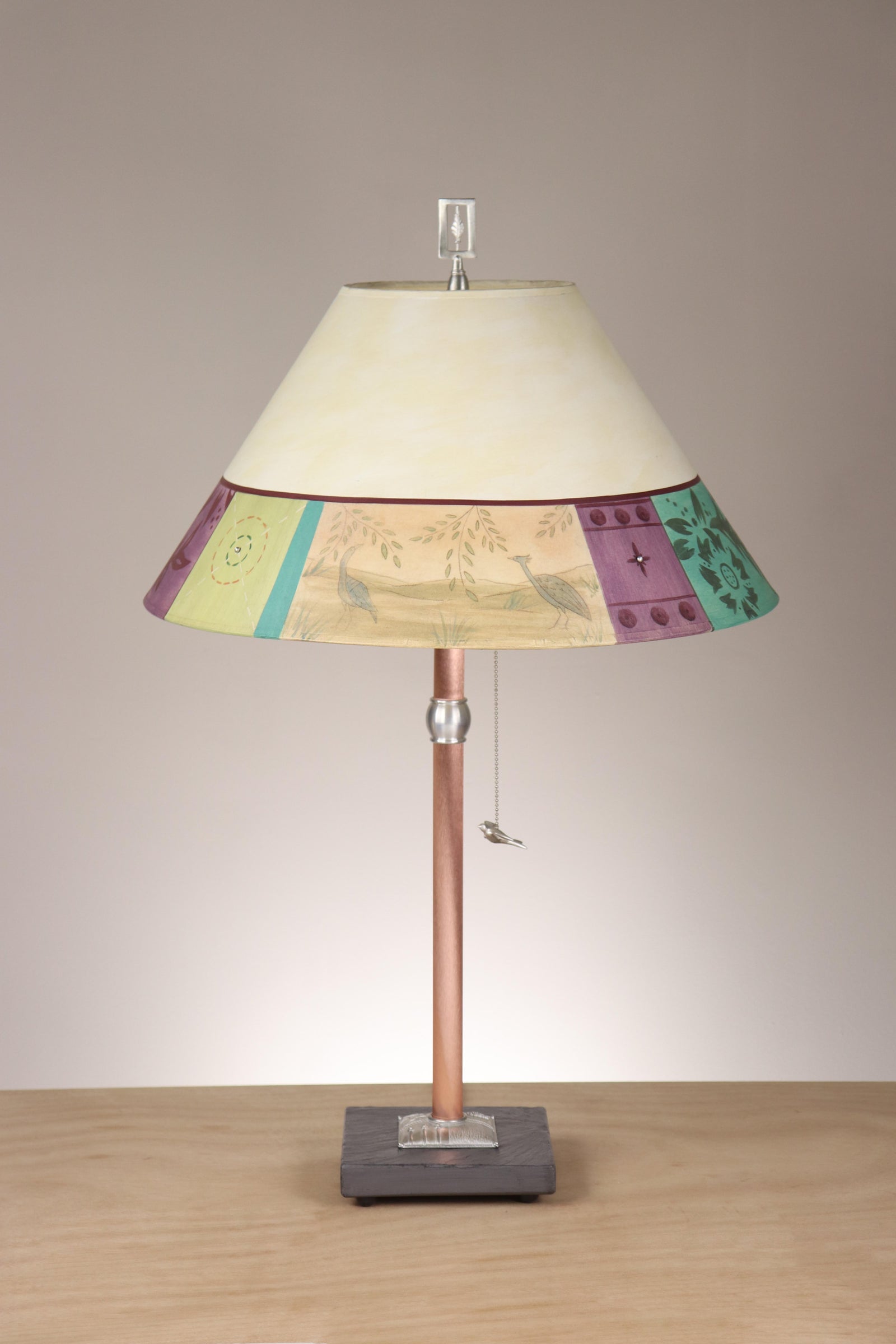Janna Ugone & Co Table Lamp Copper Table Lamp with Large Conical Shade in Prima Border in Ivory