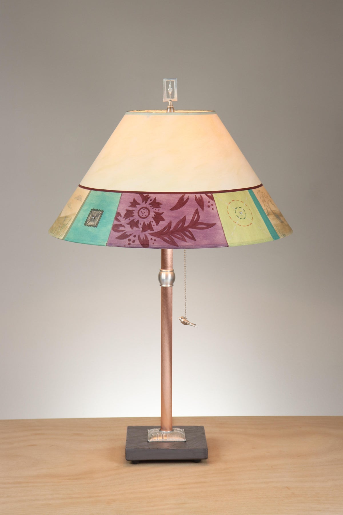 Janna Ugone &amp; Co Table Lamp Copper Table Lamp with Large Conical Shade in Prima Border in Ivory