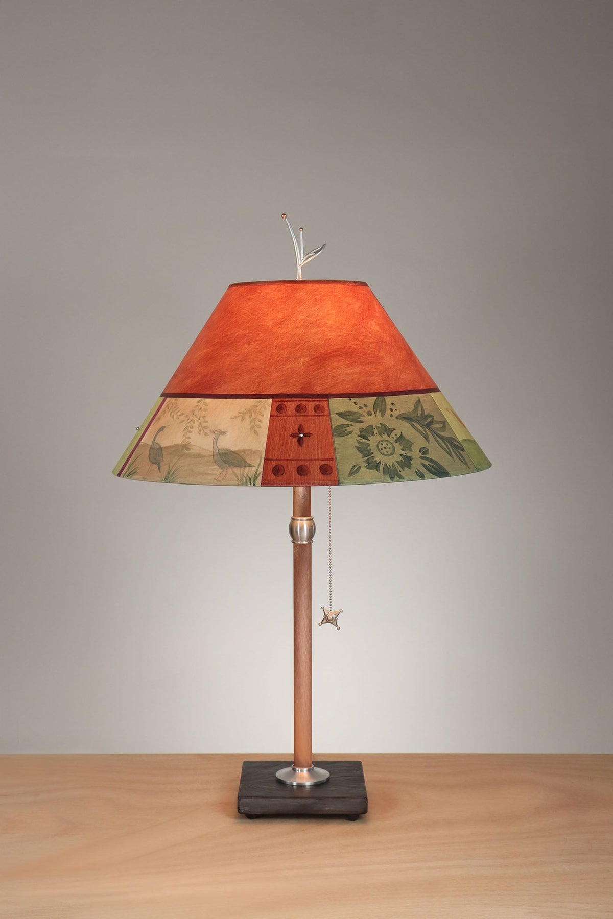 Janna Ugone &amp; Co Table Lamp Copper Table Lamp with Large Conical Shade in Prima Border in Redwood