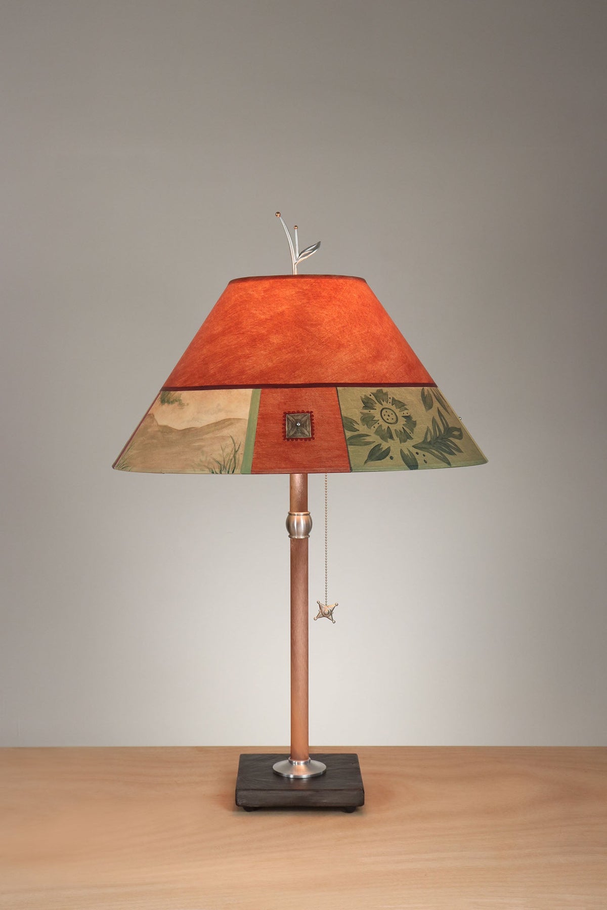 Janna Ugone &amp; Co Table Lamp Copper Table Lamp with Large Conical Shade in Prima Border in Redwood