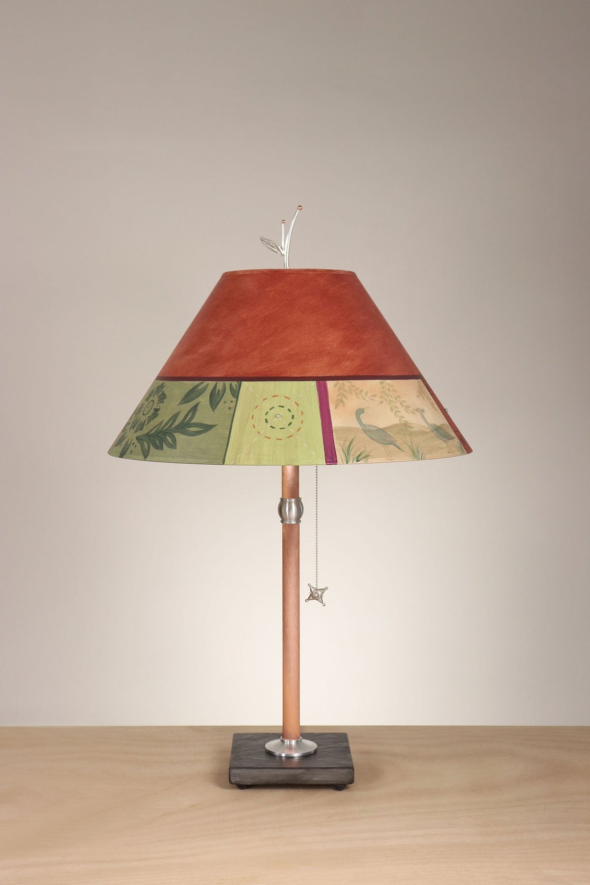 Janna Ugone &amp; Co Table Lamp Copper Table Lamp with Large Conical Shade in Prima Border in Redwood