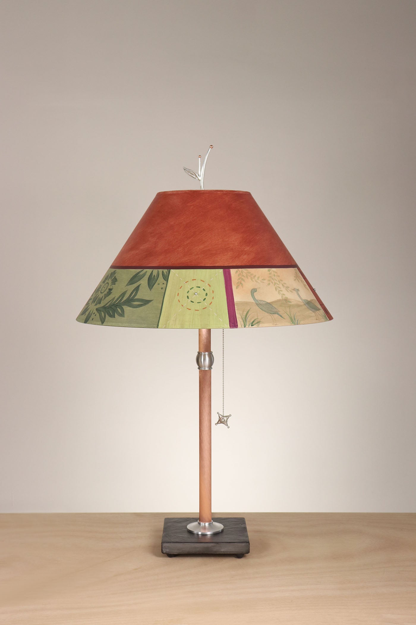 Janna Ugone & Co Table Lamp Copper Table Lamp with Large Conical Shade in Prima Border in Redwood