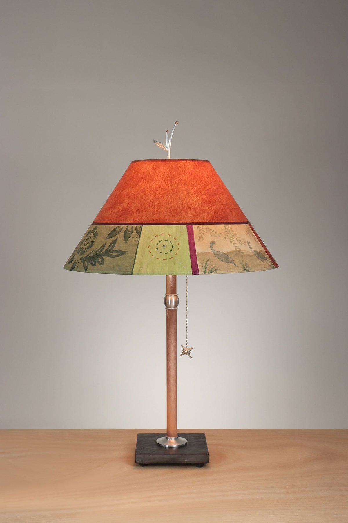 Janna Ugone &amp; Co Table Lamp Copper Table Lamp with Large Conical Shade in Prima Border in Redwood