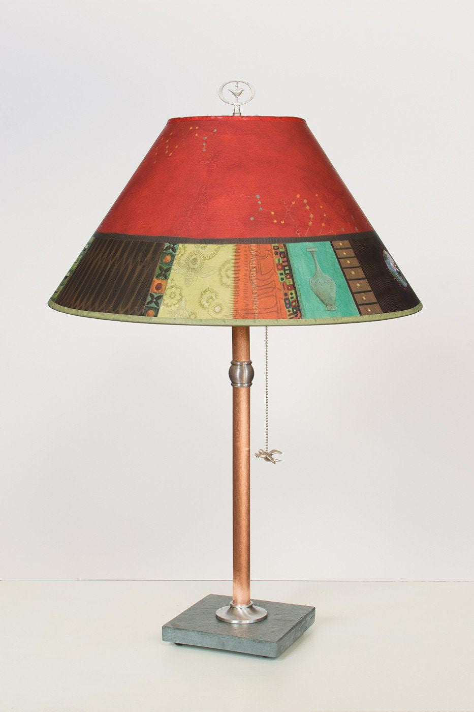Copper Table Lamp on Vermont Slate with Large Conical Shade in Red Match