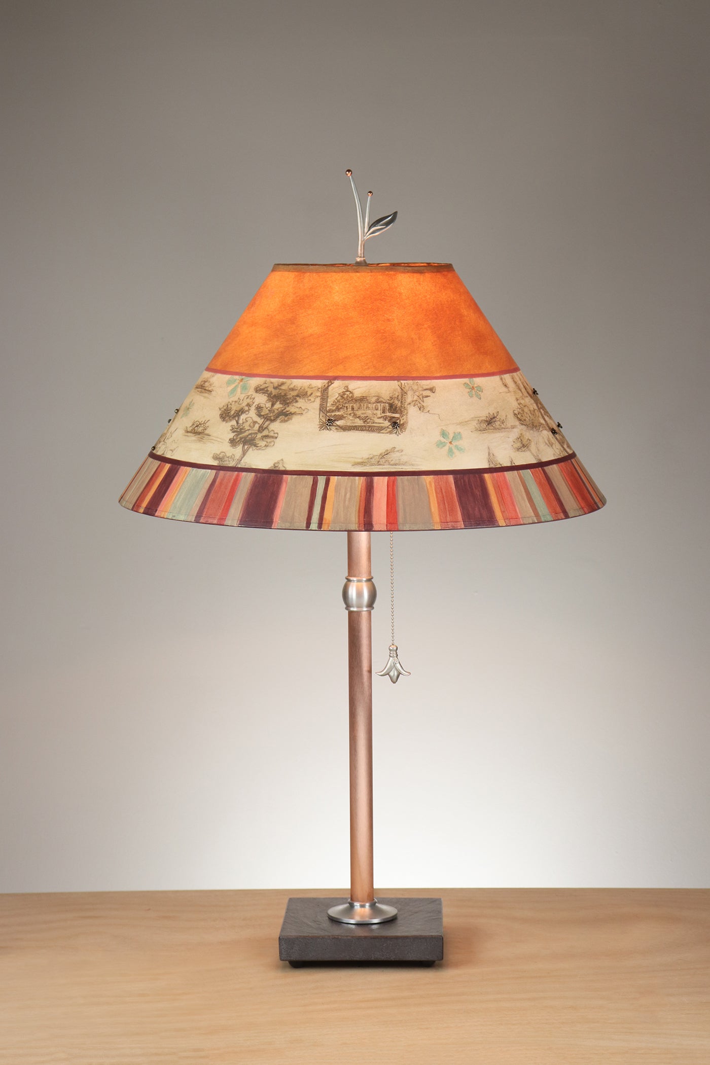 Janna Ugone & Co Table Lamp Copper Table Lamp with Large Conical Shade in Spice Toile
