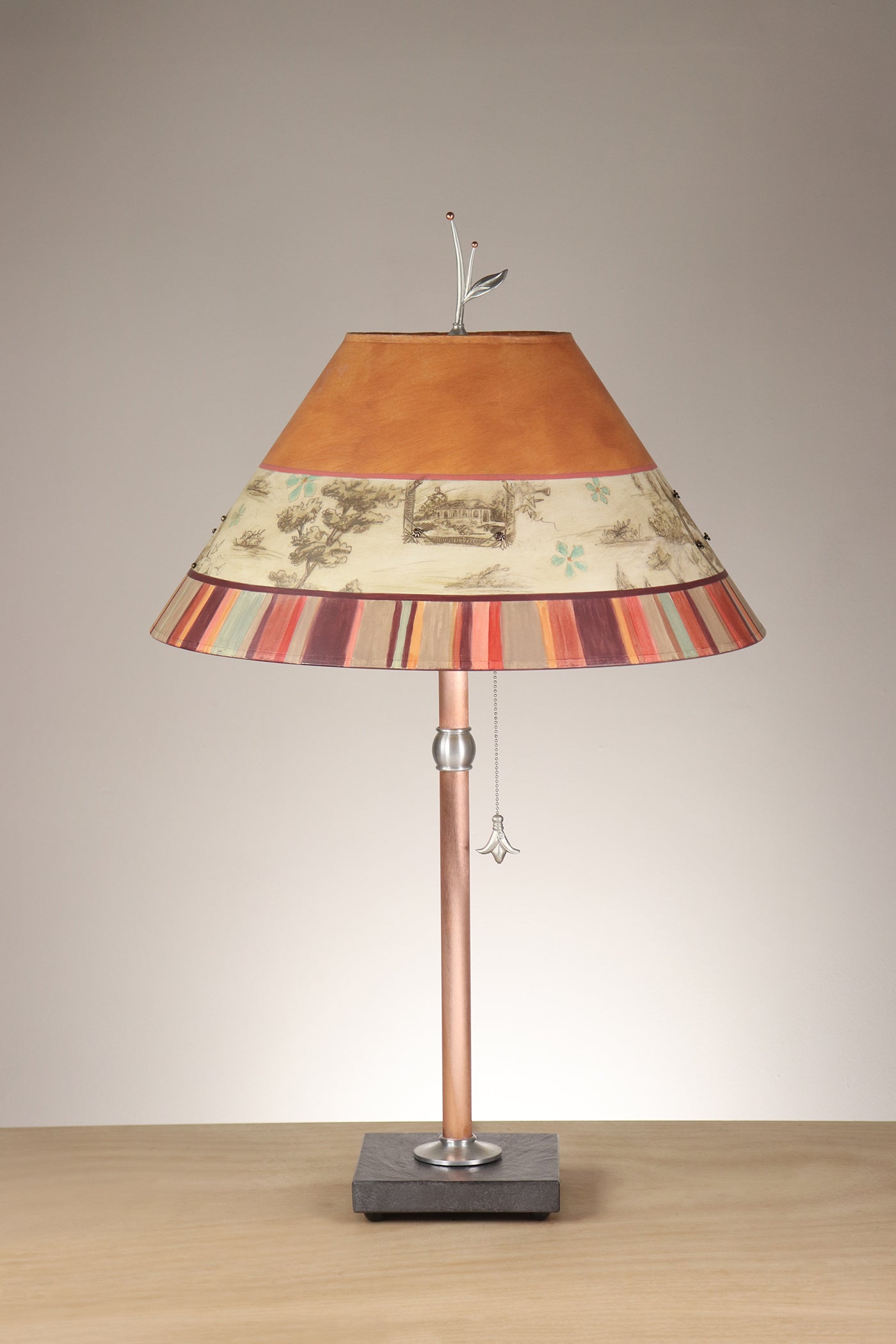 Janna Ugone & Co Table Lamp Copper Table Lamp with Large Conical Shade in Spice Toile