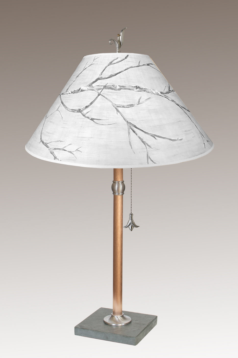 Copper Table Lamp with Large Conical Shade in Sweeping Branch