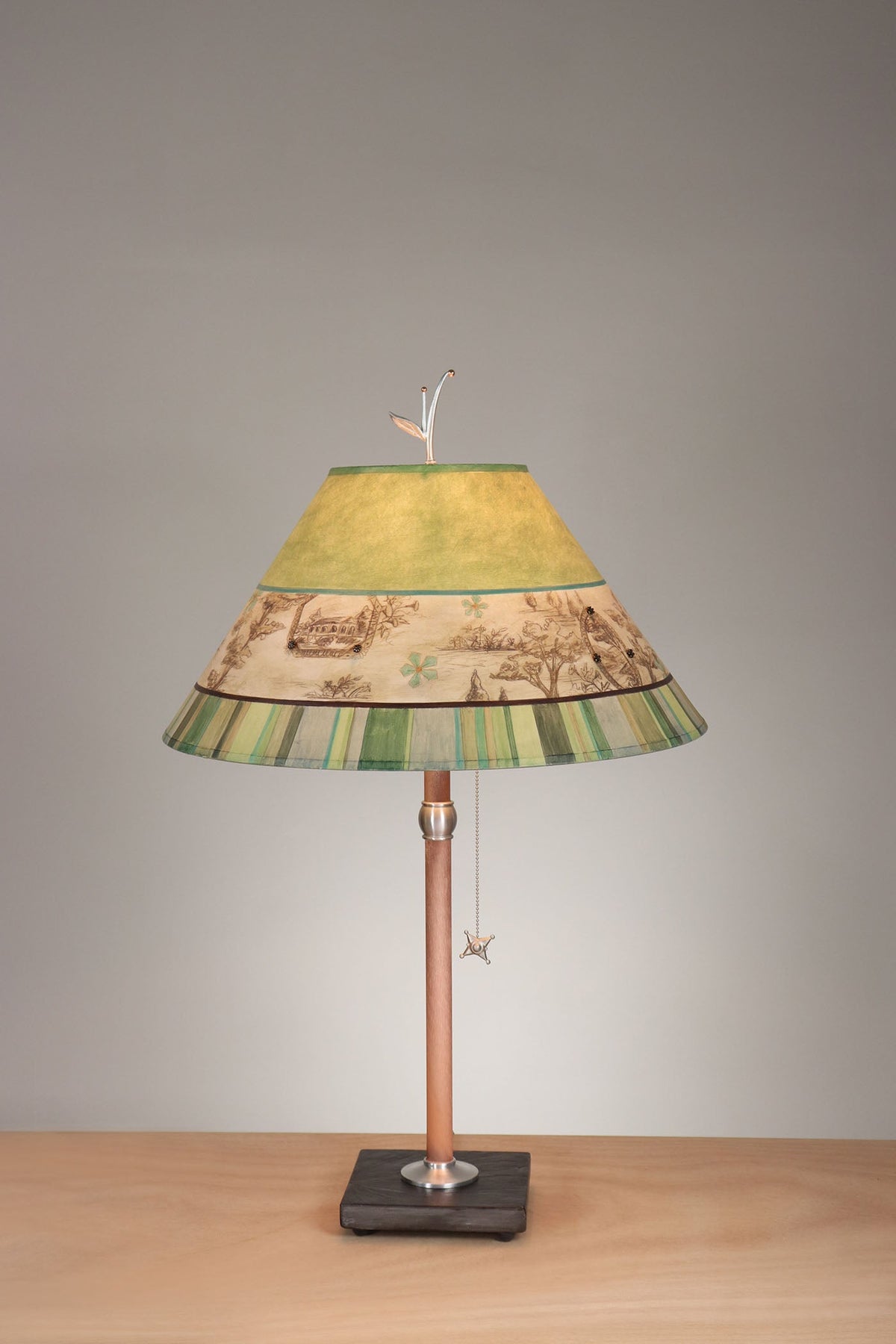 Janna Ugone &amp; Co Table Lamp Copper Table Lamp with Large Conical Shade in Toile Apple