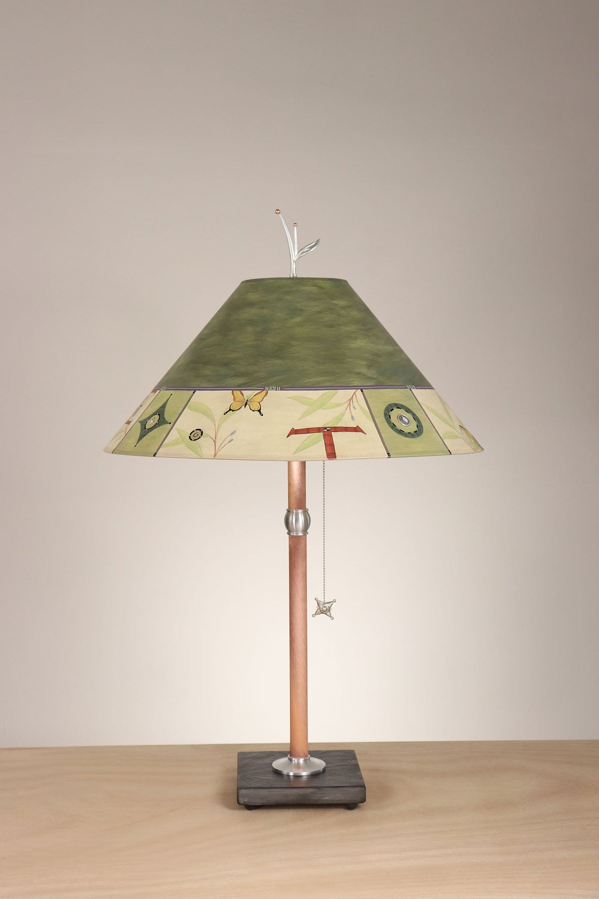 Janna Ugone &amp; Co Table Lamp Copper Table Lamp with Large Conical Shade in Typography in Olive