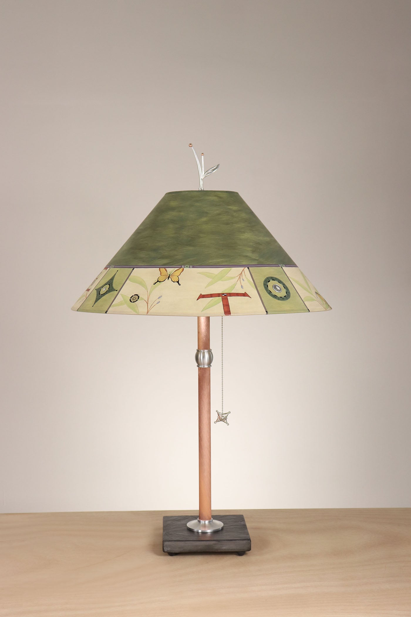 Janna Ugone & Co Table Lamp Copper Table Lamp with Large Conical Shade in Typography in Olive