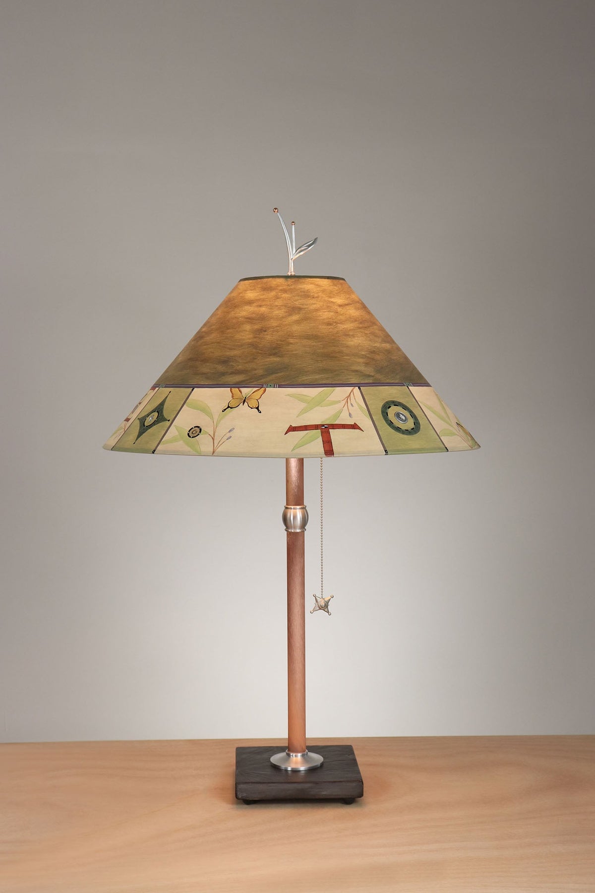 Janna Ugone &amp; Co Table Lamp Copper Table Lamp with Large Conical Shade in Typography in Olive