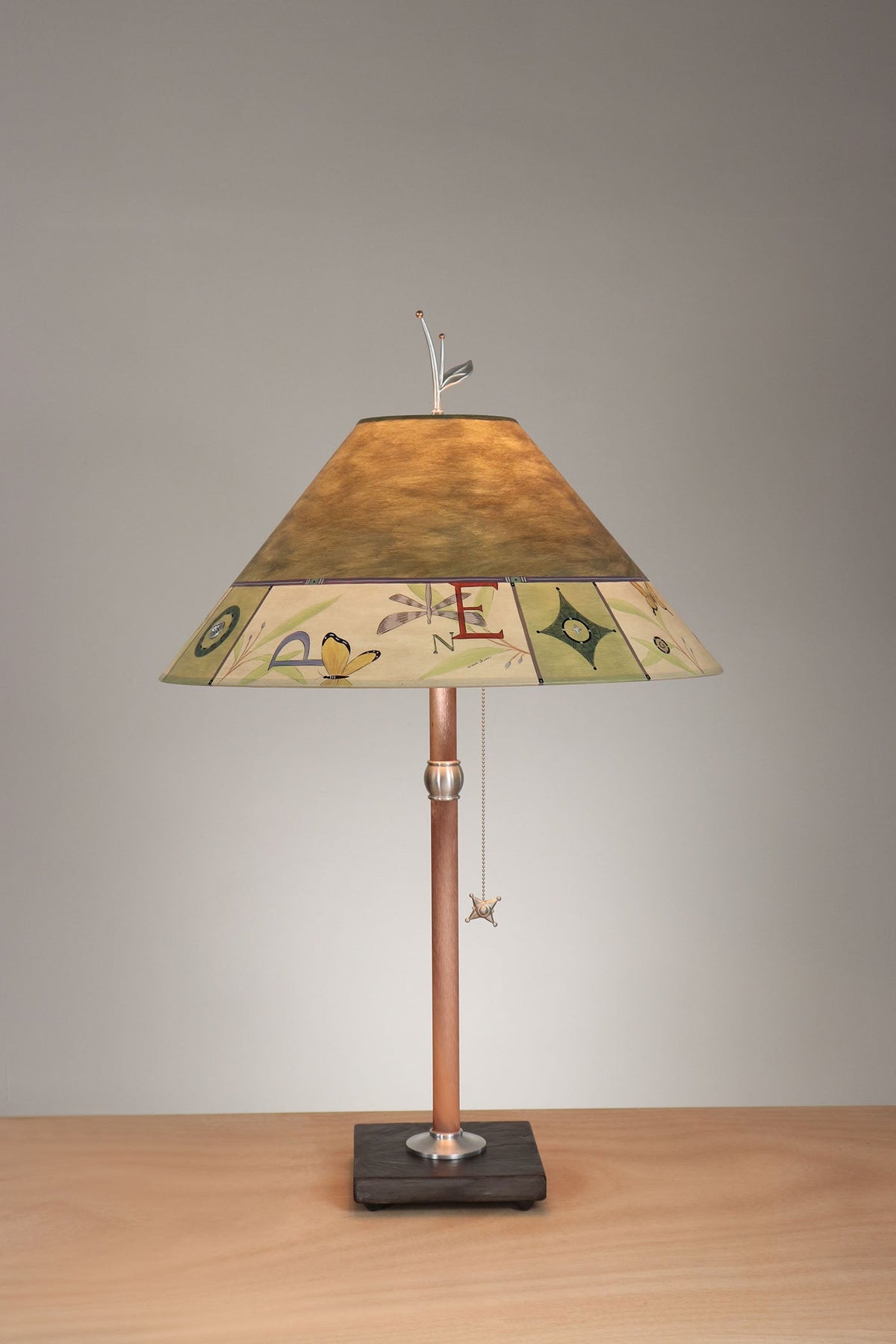 Janna Ugone &amp; Co Table Lamp Copper Table Lamp with Large Conical Shade in Typography in Olive