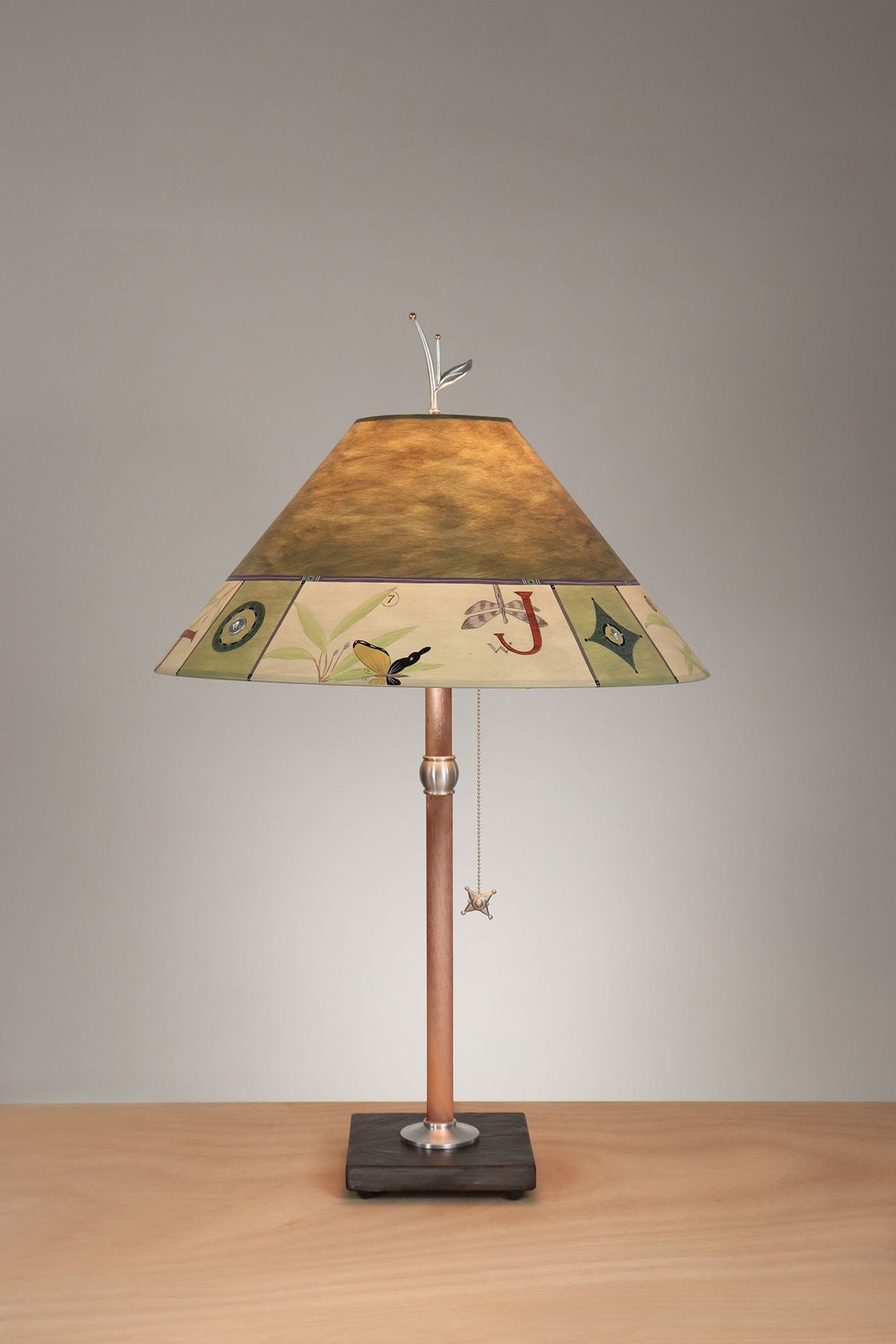 Janna Ugone &amp; Co Table Lamp Copper Table Lamp with Large Conical Shade in Typography in Olive