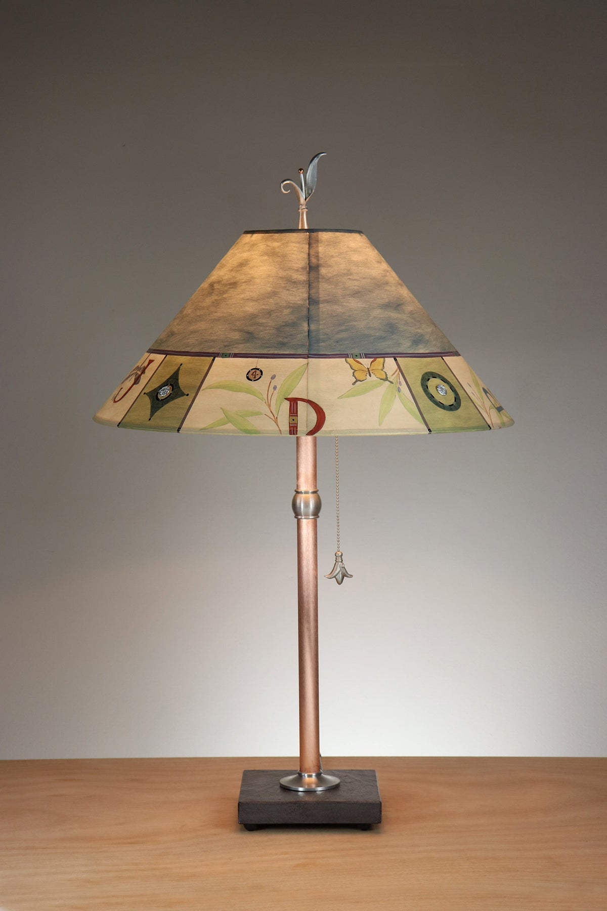Janna Ugone &amp; Co Table Lamp Copper Table Lamp with Large Conical Shade in Typography in Teal