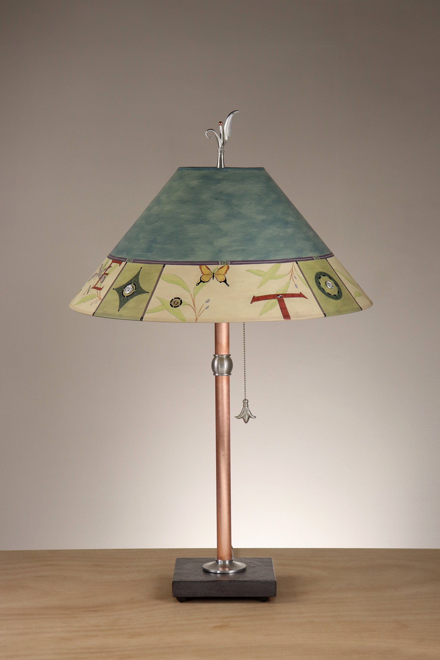 Janna Ugone & Co Table Lamp Copper Table Lamp with Large Conical Shade in Typography in Teal