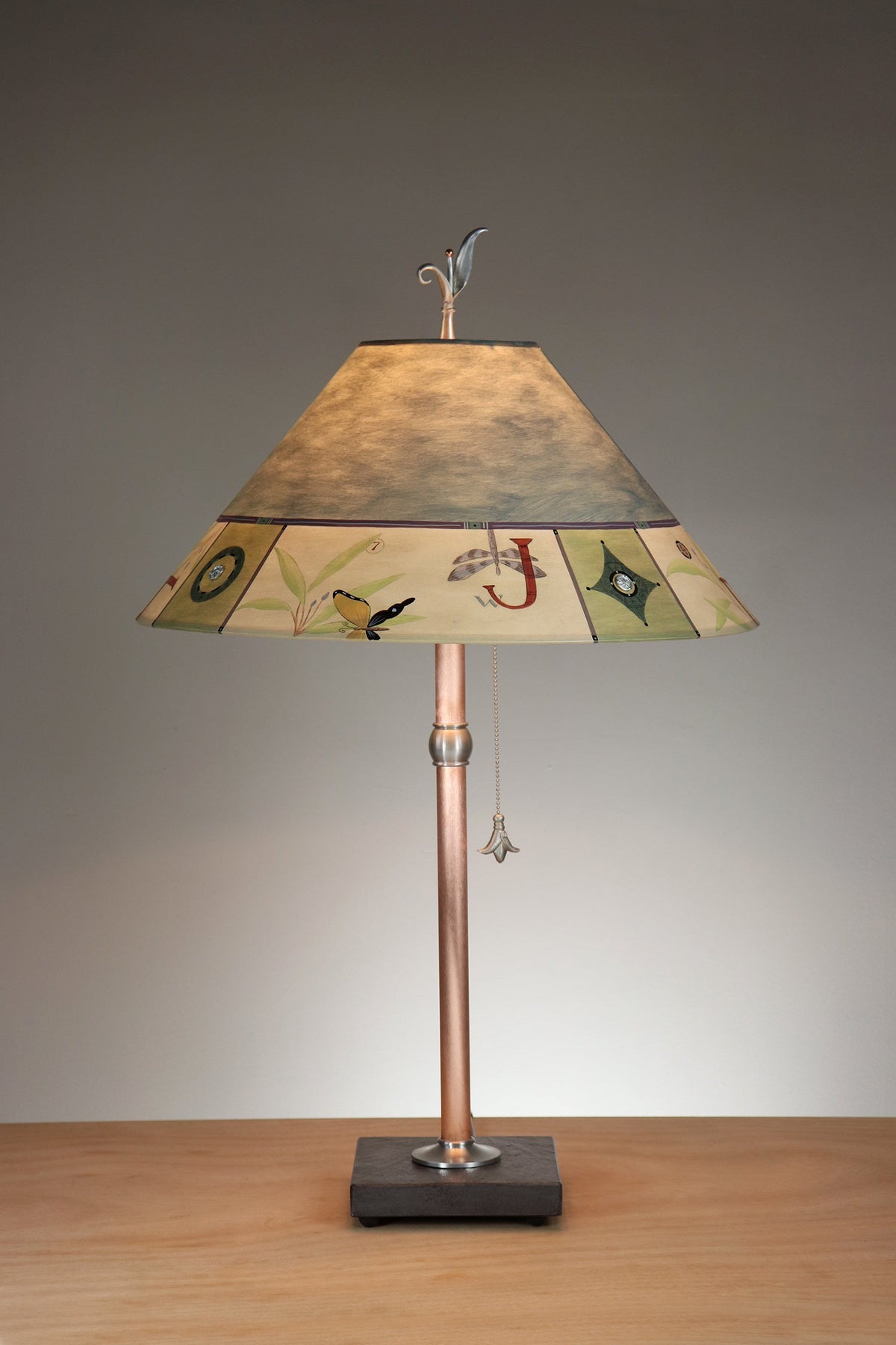 Janna Ugone &amp; Co Table Lamp Copper Table Lamp with Large Conical Shade in Typography in Teal